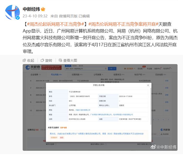 周杰伦起诉网易不正当竞争，4 月 17 日开庭