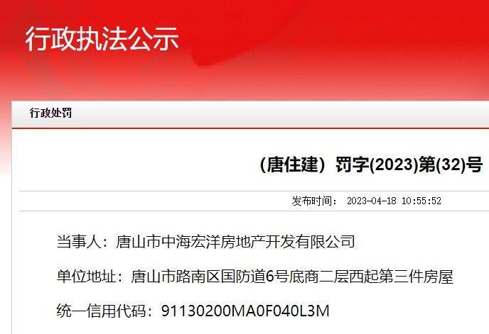 工地未采取有效防尘降尘措施，唐山市中海宏洋房地产开发有限公司被罚款8万！