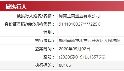 置业|正商置业被列为被执行人 执行标的88166元
