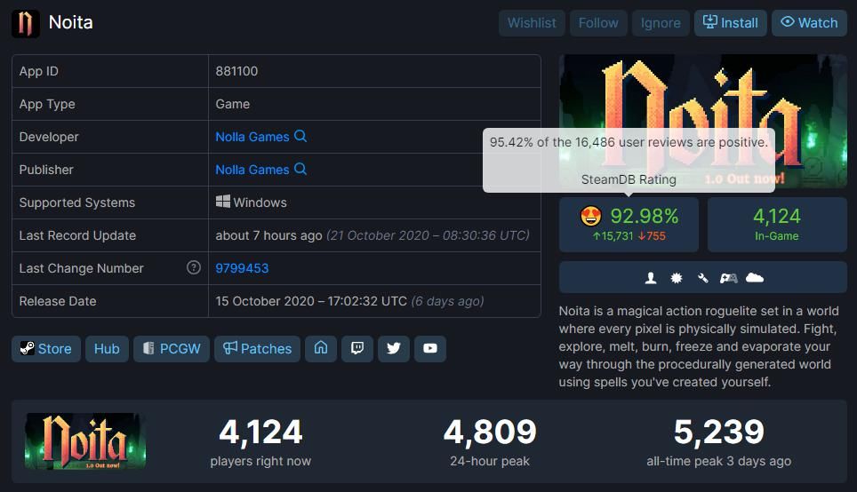 Noita|Steam好评高达95%！像素独游《Noita》获满堂彩