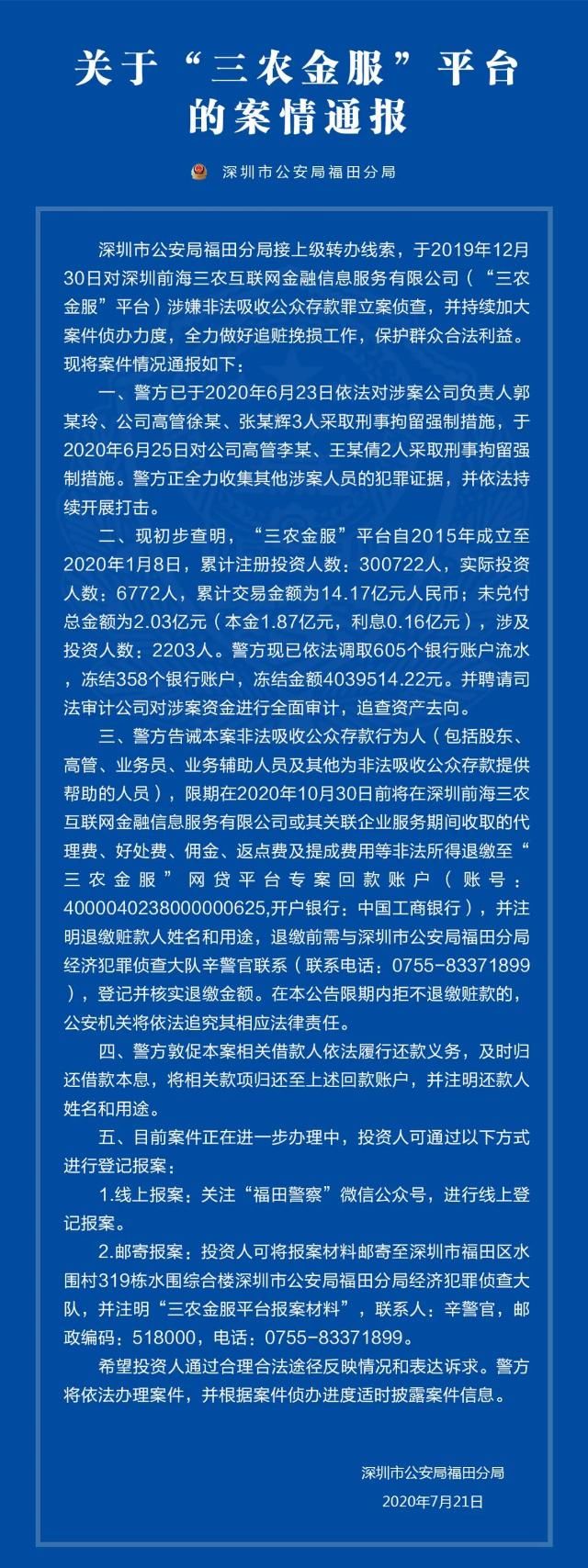  刑拘|三农金服案5人被刑拘 未兑付总金额2.03亿元