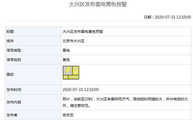 北京|北京多区发布雷电黄色预警，房山区6级大风！局地可能出现小冰雹