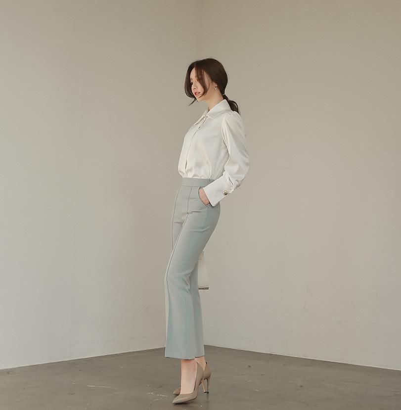 腈纶|超美珠珠：白领办公日常时尚，白炽腈纶宫廷玻蓝搭肩白衬衫