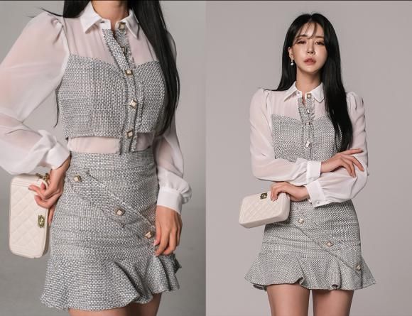 套裙|韩国明星郑有贞:亚麻针织长袖白纱套裙