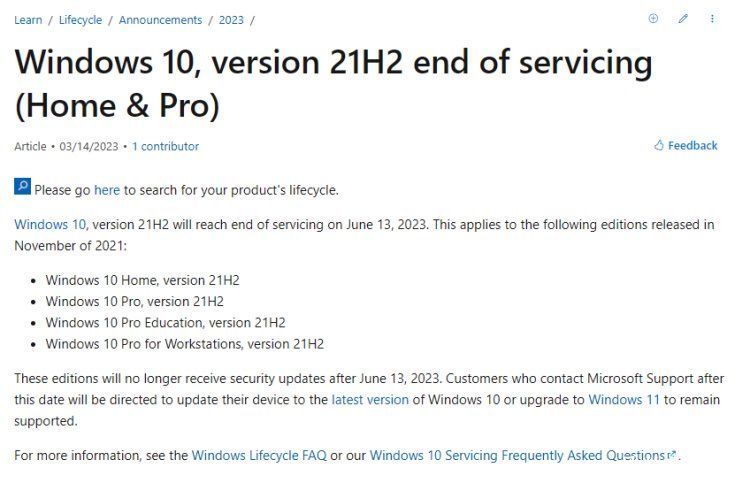 微软宣布终止Win10 21H2版本服务，不再接收安全更新