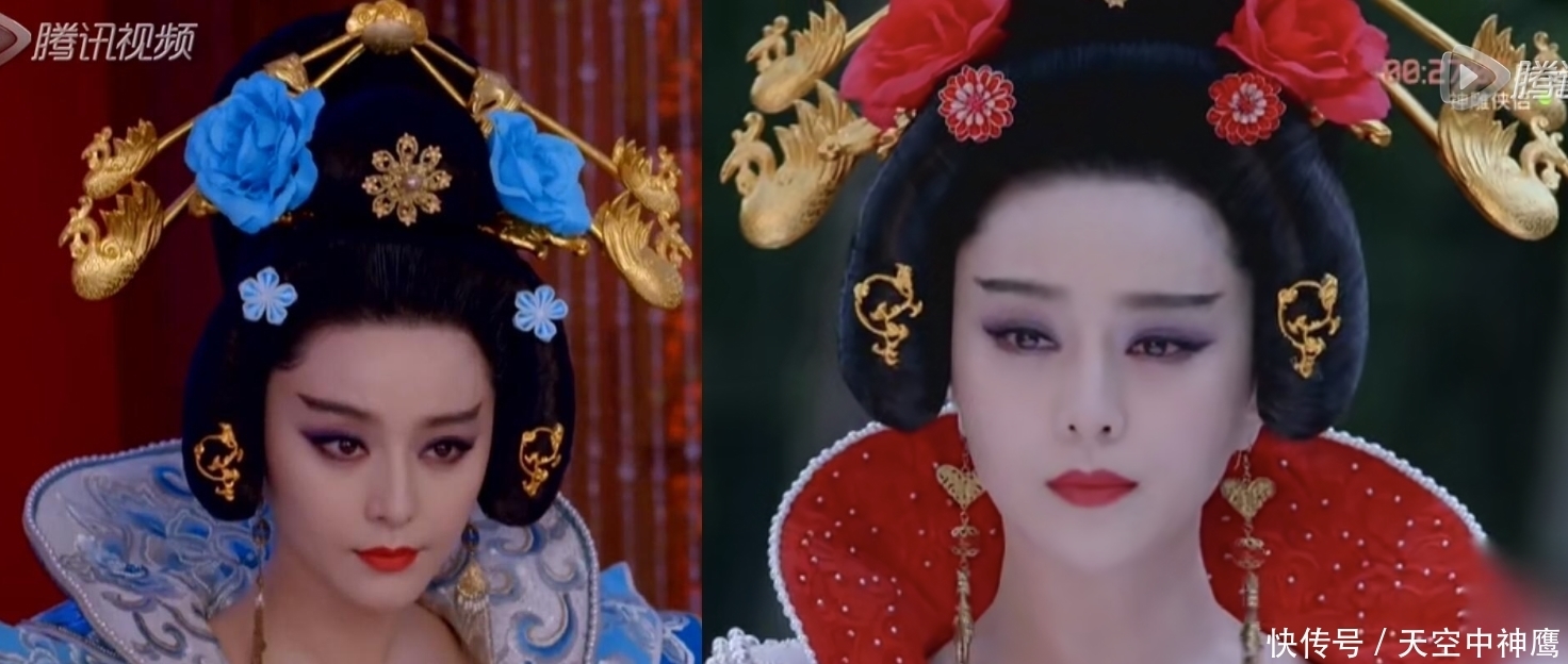 红蓝两色|现在的造型师都懒得设计了,头饰总是同款不同色,李未央一式四份