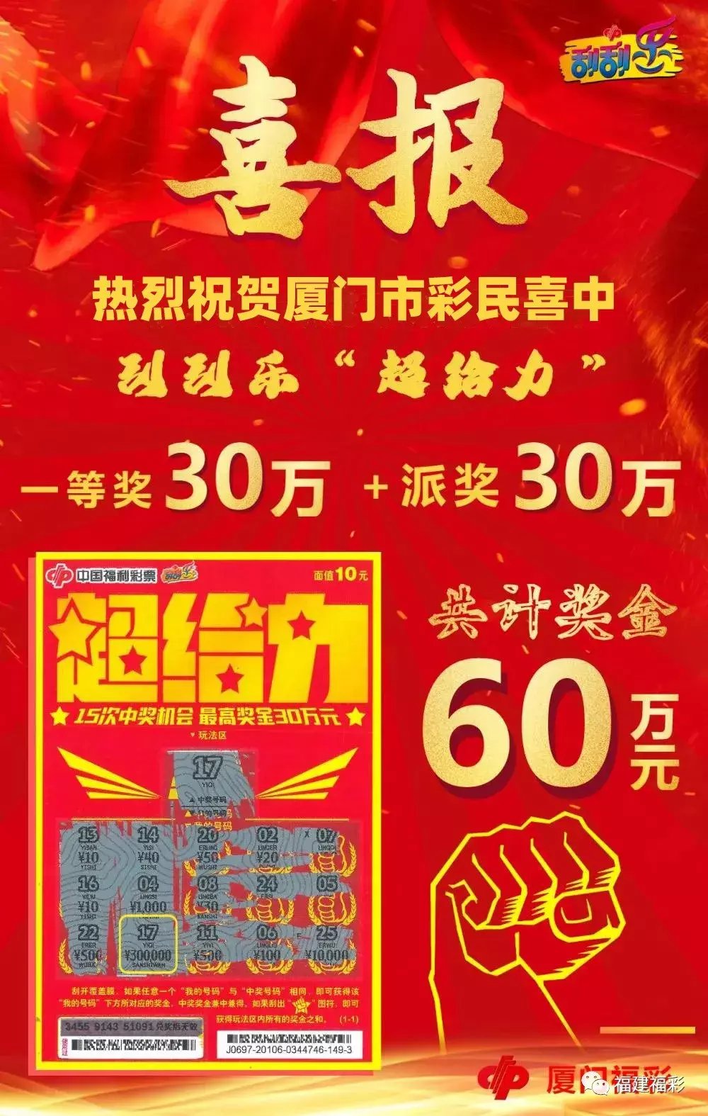 销售员|厦门彩民喜中“超给力”30万元大奖，再获30万元派奖奖金