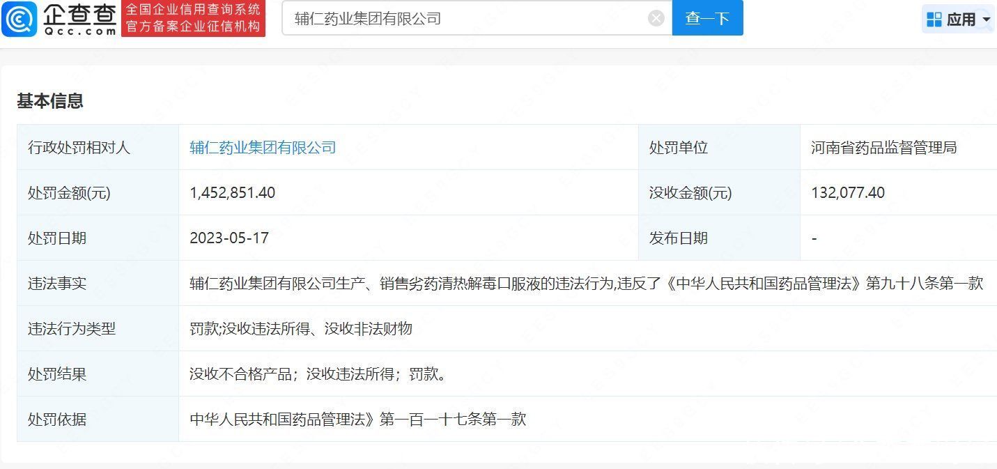 辅仁药业生产销售劣药被罚没158万