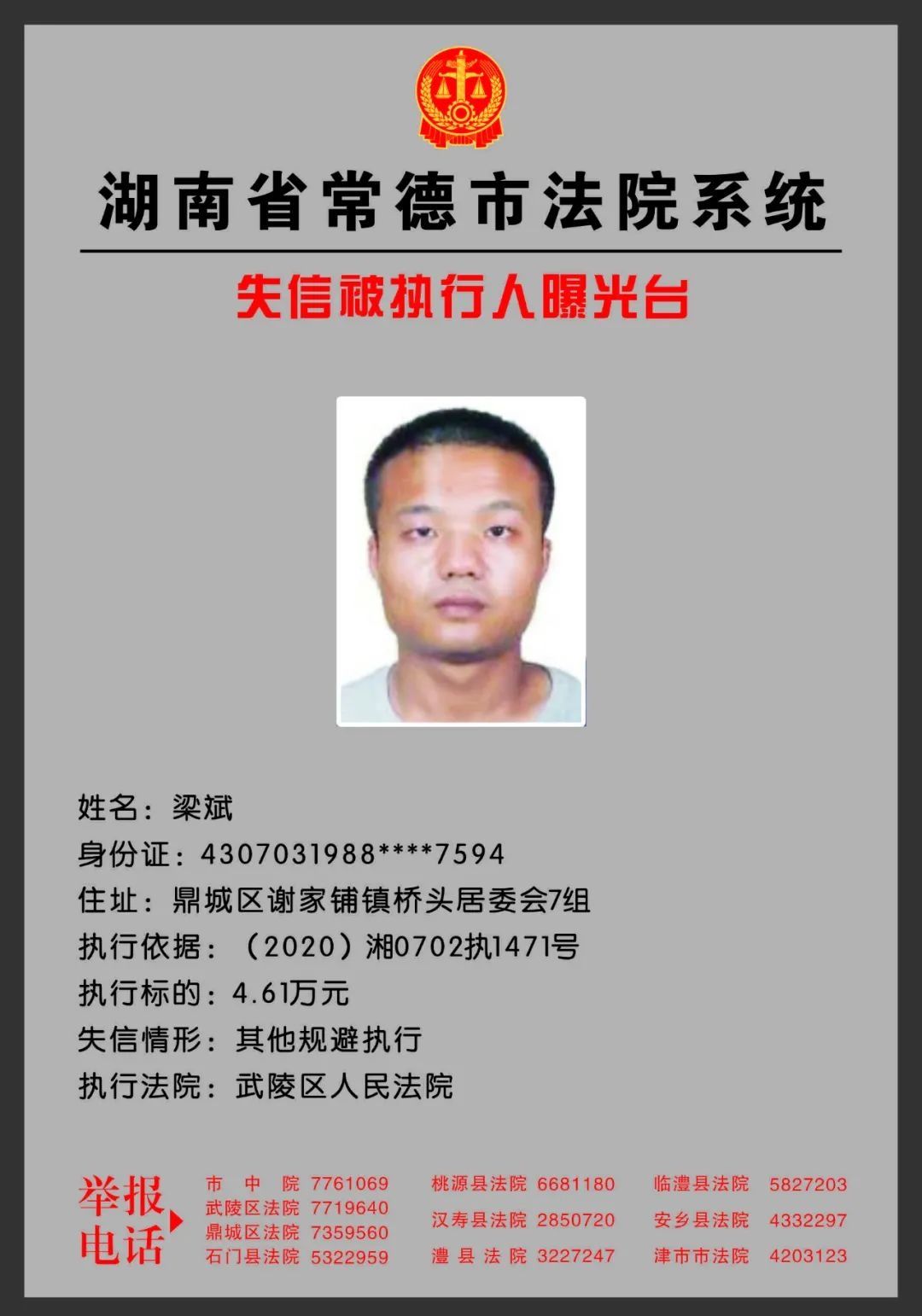 常德|欠钱不还？欢迎举报！常德法院曝光一批失信被执行人！