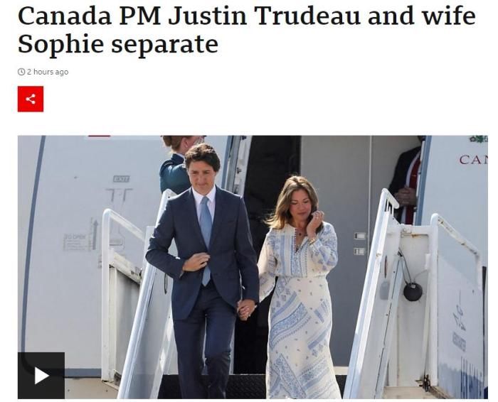 加拿大总理特鲁多宣布与妻子分居 称“仍是亲密家人”