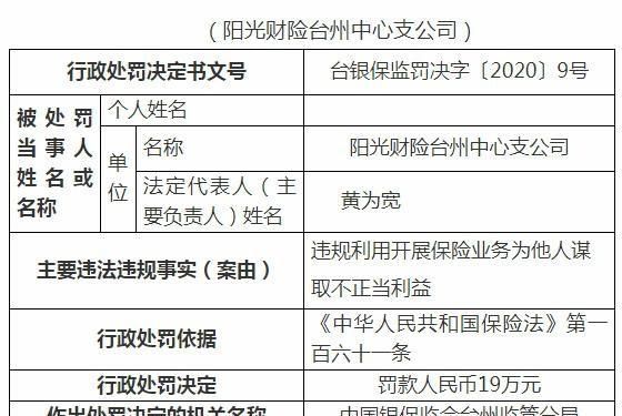  财险|为他人谋取不正当利益 阳光财险一支公司被罚19万