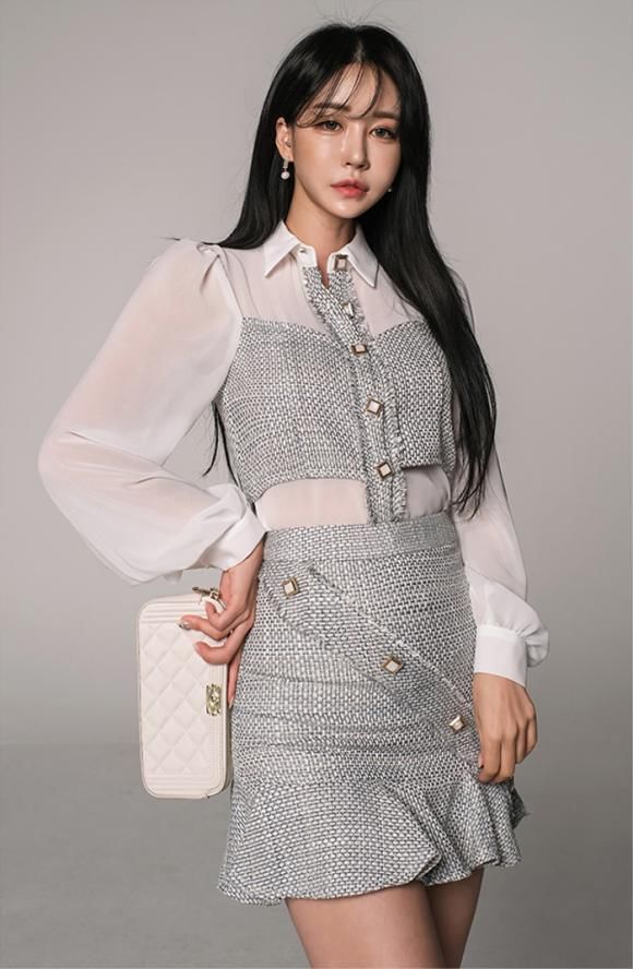 套裙|韩国明星郑有贞:亚麻针织长袖白纱套裙