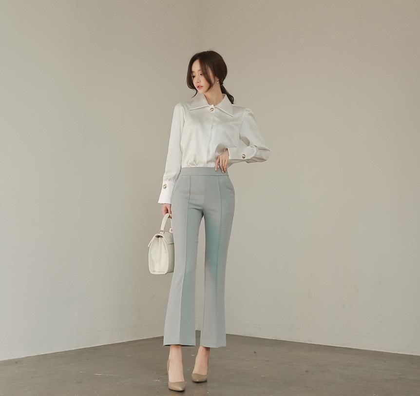  腈纶|超美珠珠：白领办公日常时尚，白炽腈纶宫廷玻蓝搭肩白衬衫