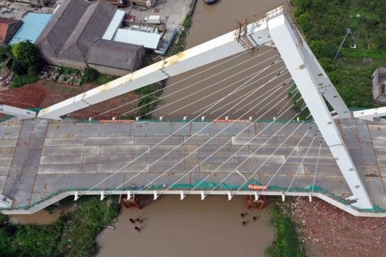 迎来|崇明生态大道“双子桥”迎来建设节点，东平河北幅桥斜拉索安装完成