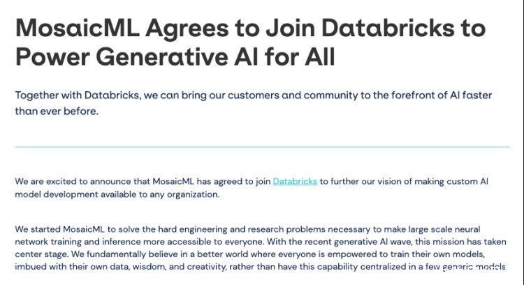 AIGC领域最大收购：Databricks 13亿美元买下MosaicML，成立仅2年员工60人