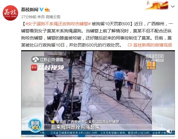  罚款|女子遛狗不系绳还放狗咬伤辅警 被拘留10天罚款600元