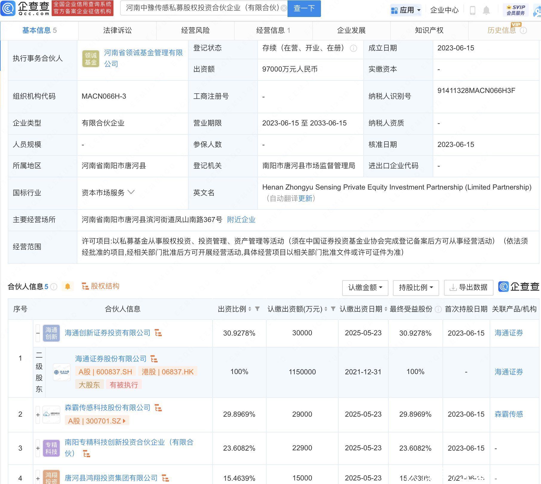 森霸传感、海通证券等9.7亿元于河南共设私募公司