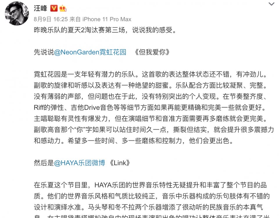  文字|汪峰点评“乐夏” 网友：专业决定高度，文字功底强大！