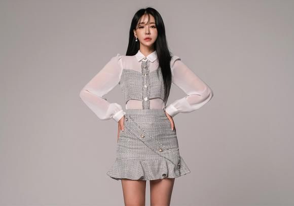 套裙|韩国明星郑有贞:亚麻针织长袖白纱套裙