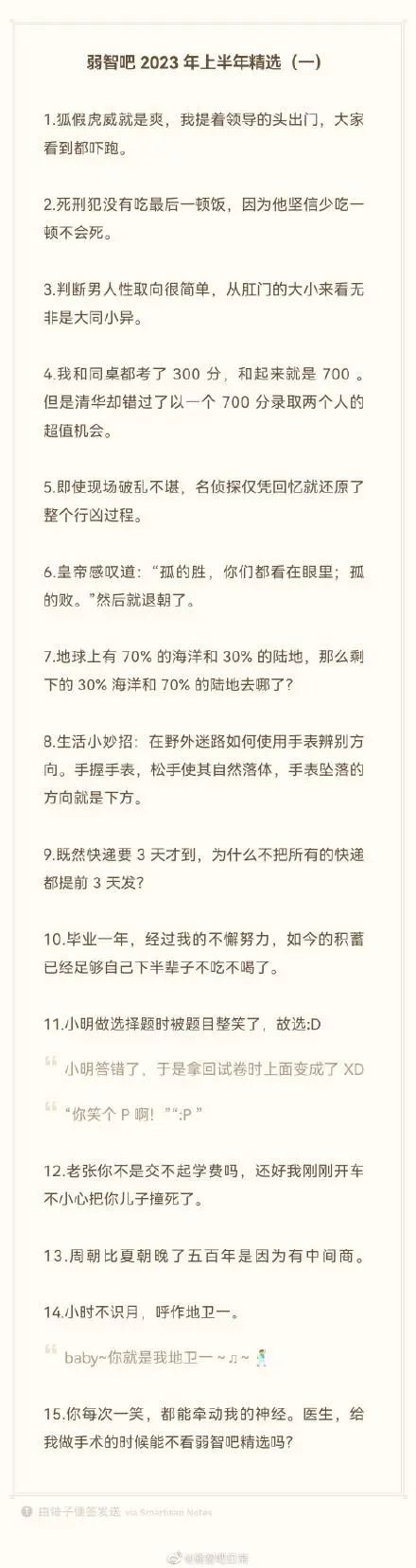今日最佳：2023年弱智吧上半年年度精选