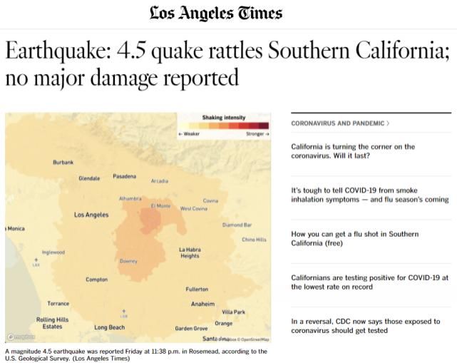 聚集区|美国加州这里突发4.5级地震，华人聚集区震感明显