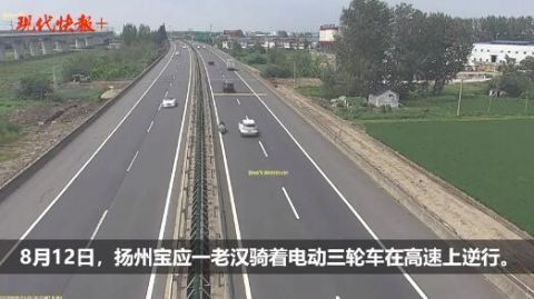  高速|老汉骑电动三轮车在高速上飞奔，民警倒着开车“护航”