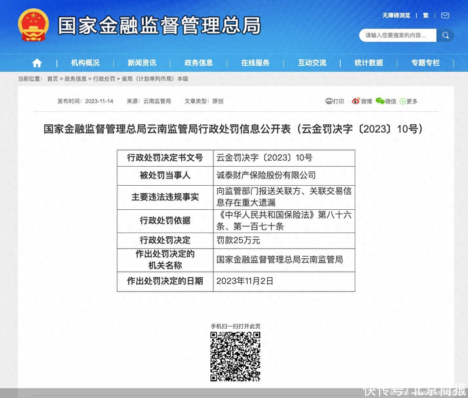 因报送关联方、关联交易信息存在重大遗漏，诚泰保险被罚25万元